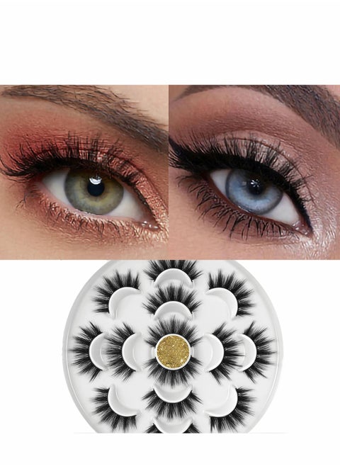 False Eyelashes Cat Eye Fluffy Faux Mink Lashes 8D Wispy 7 Pairs Pack Dramatic Long Thick Volume Fake Eye Lash
