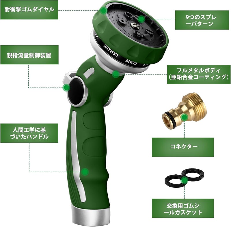 Garden Hose Pipe Spray Gun, Metal Jet Nozzle Sprayer Heavy Duty with 9 Patterns, High Pressure Water Sprayer with Thumb Flow Control, Ideal for Outdoor Lawn & Plant Watering, Car & Pet Washing, Green - Image 1