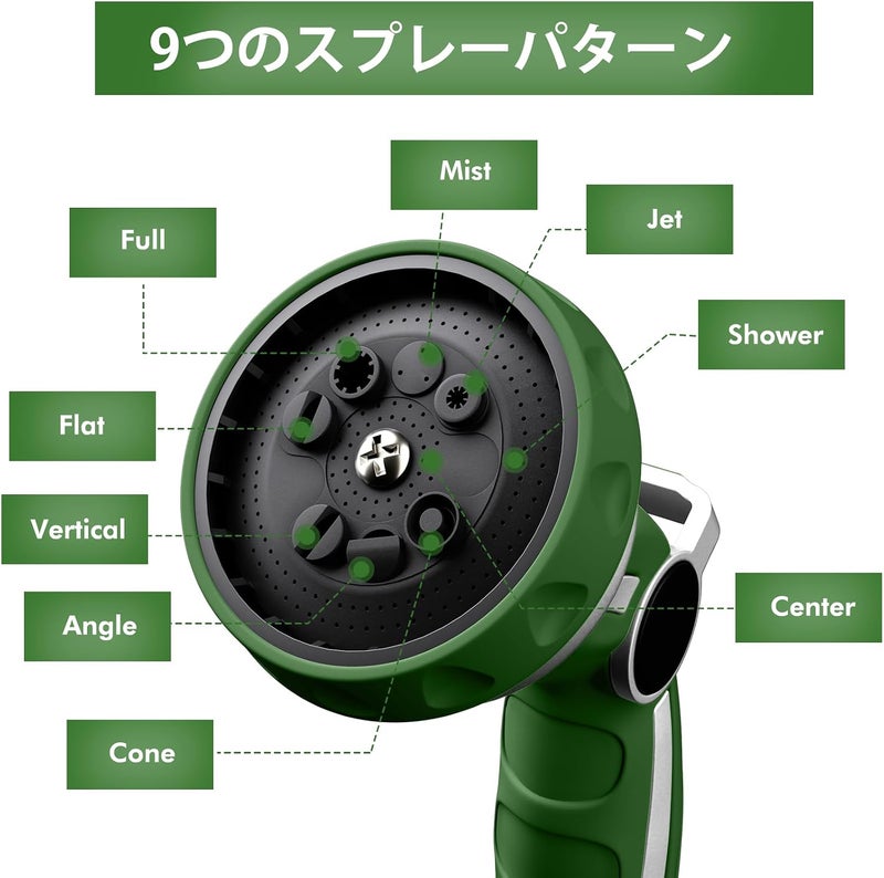 Garden Hose Pipe Spray Gun, Metal Jet Nozzle Sprayer Heavy Duty with 9 Patterns, High Pressure Water Sprayer with Thumb Flow Control, Ideal for Outdoor Lawn & Plant Watering, Car & Pet Washing, Green - Image 2