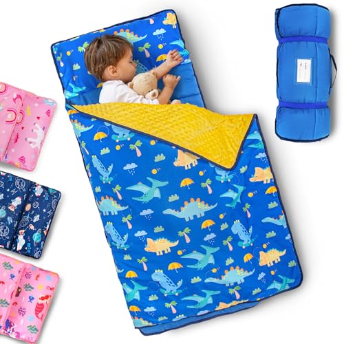 Primlect Toddler Nap Mat with Removable Pillow and Fleece Blanket Extra Large 55x35 Sleeping Bag Washable Light Easy to Roll up Perfect for Daycare Preschool Kindergarten Travel - Image 1
