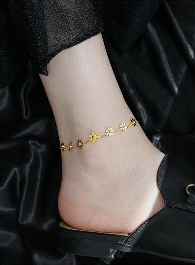 Golden Titanium Steel Anklet with Seven Daisies for Girls