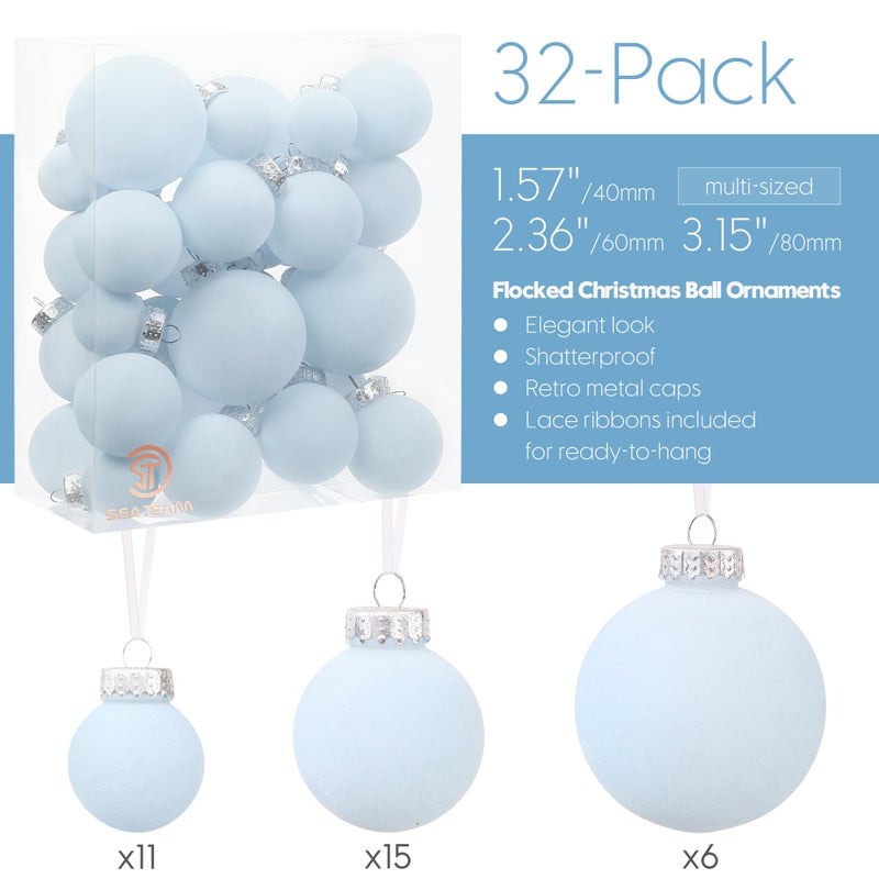 Sea Team 32-Pack Flocked Velvet Christmas Tree Ball Ornaments Set  Decorative Hanging Baubles  Shatterproof Plastic Decorations for Xmas Tree  Wreath  Garland  Multi-Sized  Babyblue - Image 3