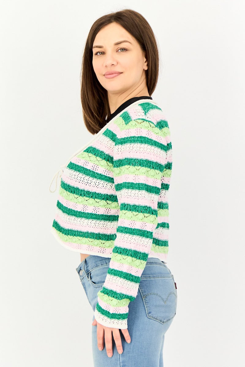 promod Women Split Neck Crochet Cardigan, Multicolor - Image 4