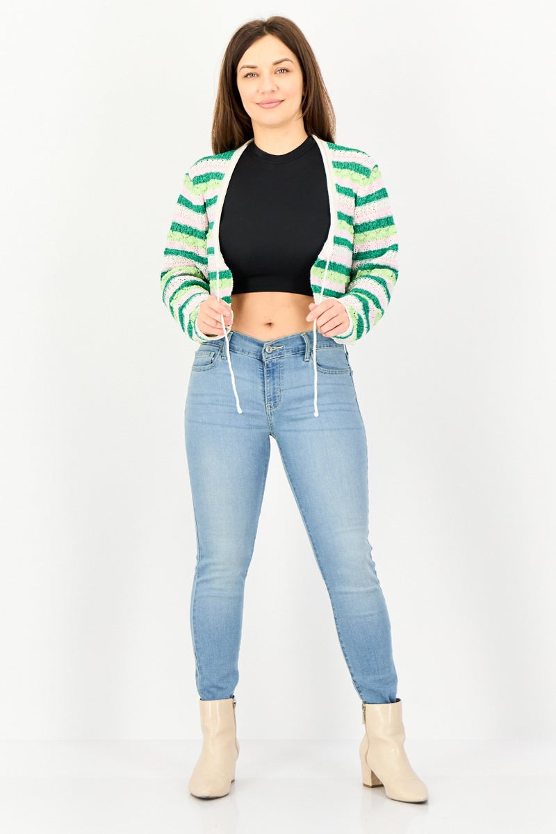 promod Women Split Neck Crochet Cardigan, Multicolor - Image 3