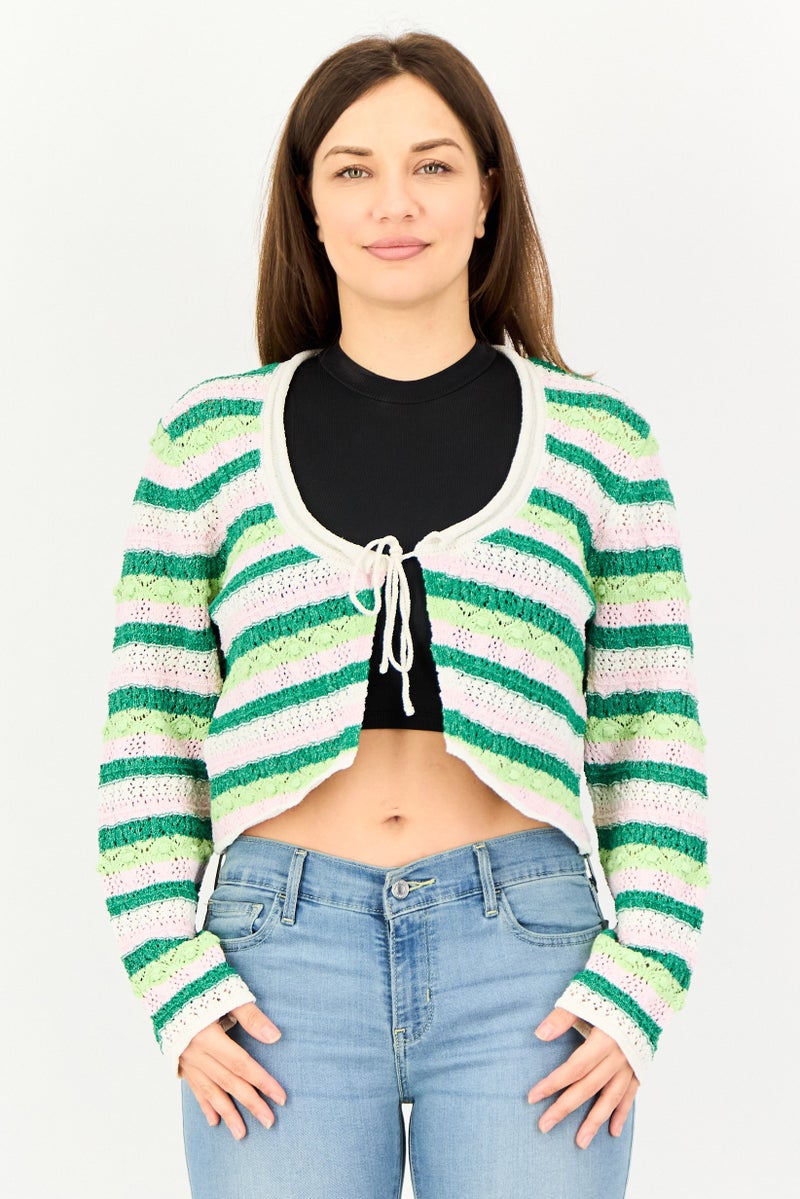 promod Women Split Neck Crochet Cardigan, Multicolor - Image 1