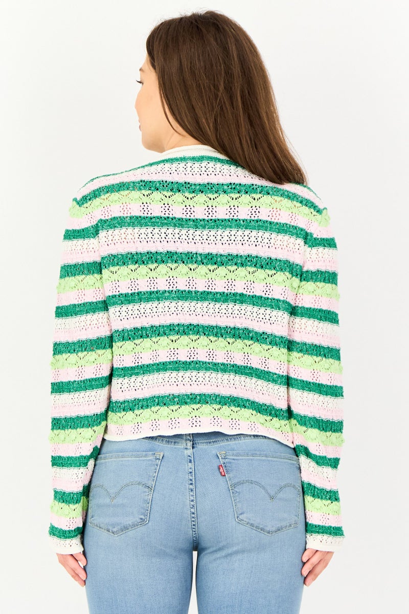 promod Women Split Neck Crochet Cardigan, Multicolor - Image 2