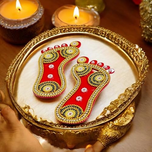 KRIWIN 2 Pairs Decorative Laxmi Charan Paduka, Embellished Footprints, Religious Festival Decor (Stones, 4 inch) - Image 4