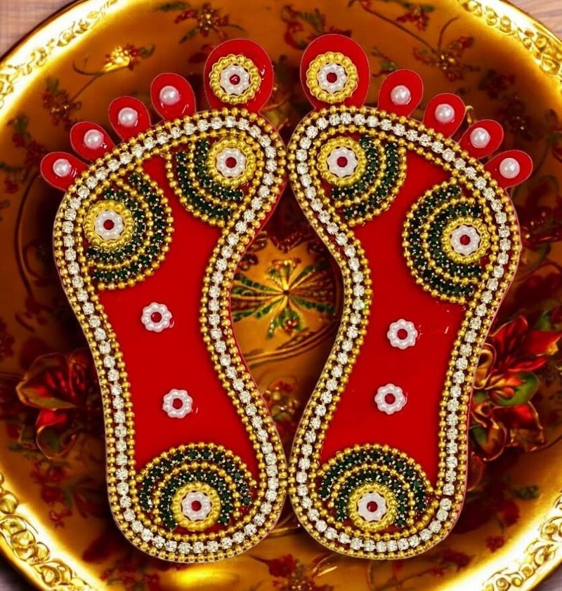 KRIWIN 2 Pairs Decorative Laxmi Charan Paduka, Embellished Footprints, Religious Festival Decor (Stones, 4 inch) - Image 2