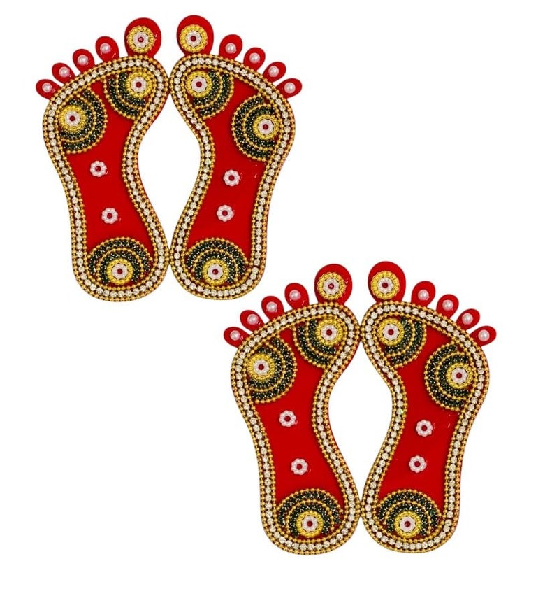 KRIWIN 2 Pairs Decorative Laxmi Charan Paduka, Embellished Footprints, Religious Festival Decor (Stones, 4 inch) - Image 1