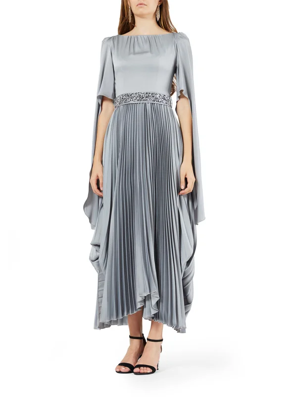 Amri Pleated Long Dress with Asymmetrical Hem and Embellished Waist Belt