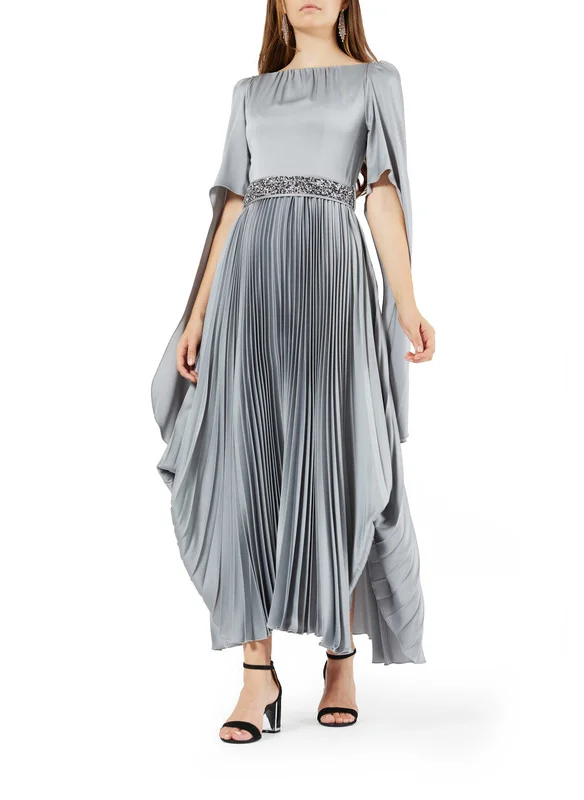 امري Pleated Long Dress with Asymmetrical Hem and Embellished Waist Belt