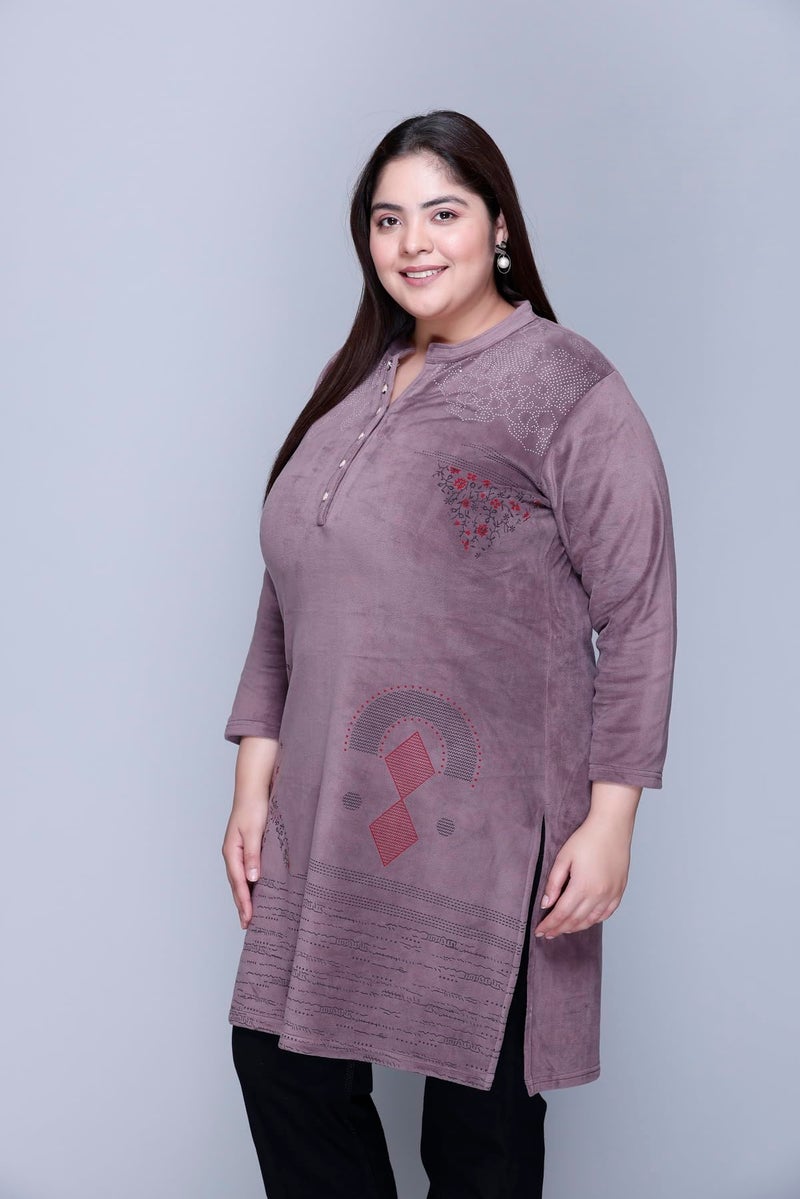 In Love Women's Winter Wear Warm Raising Velvet Full Sleeve Printed Regular Fit Kurti For Plus Size Fashion, SSKR2103_XXL, Purple - Image 4