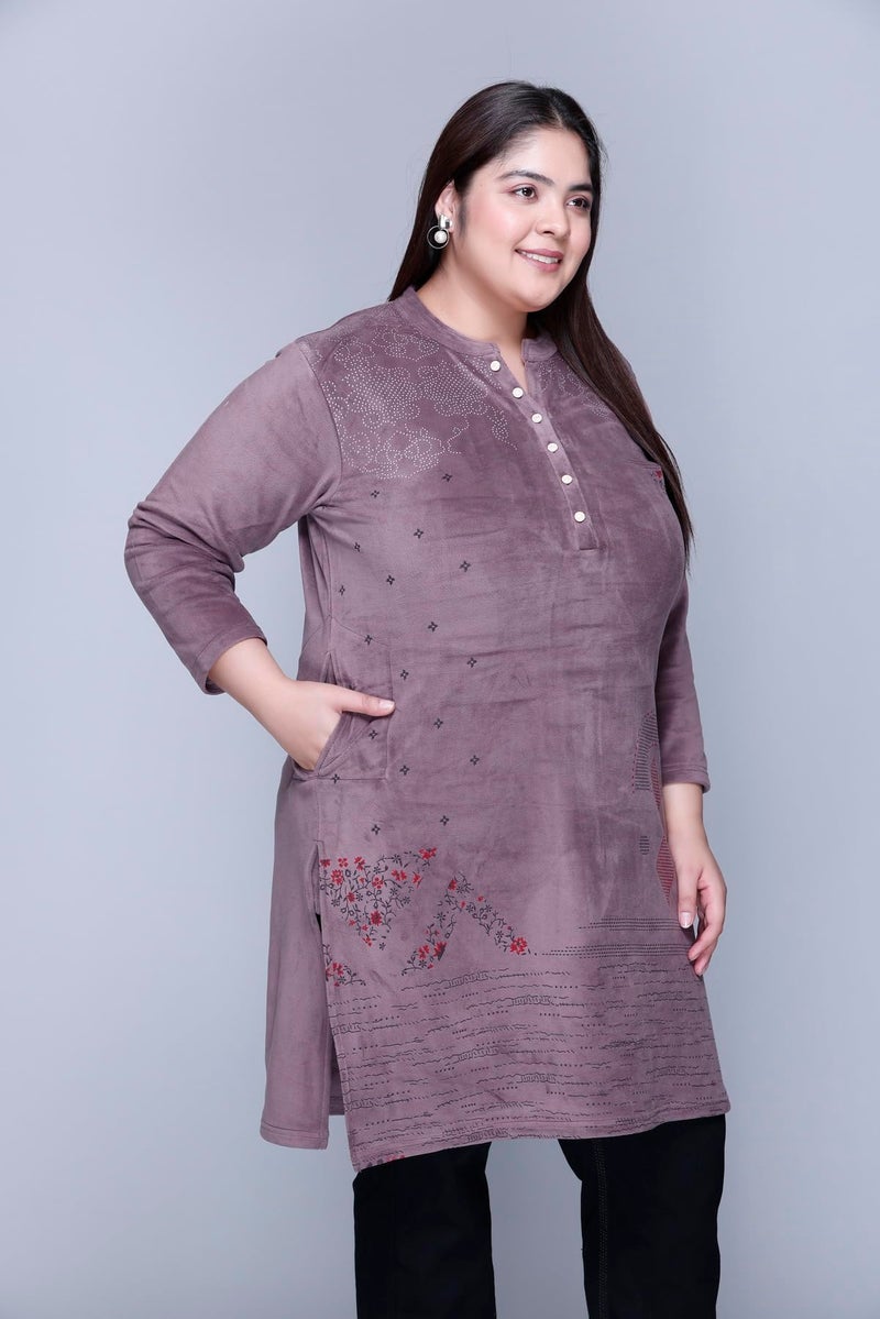 In Love Women's Winter Wear Warm Raising Velvet Full Sleeve Printed Regular Fit Kurti For Plus Size Fashion, SSKR2103_XXL, Purple - Image 5