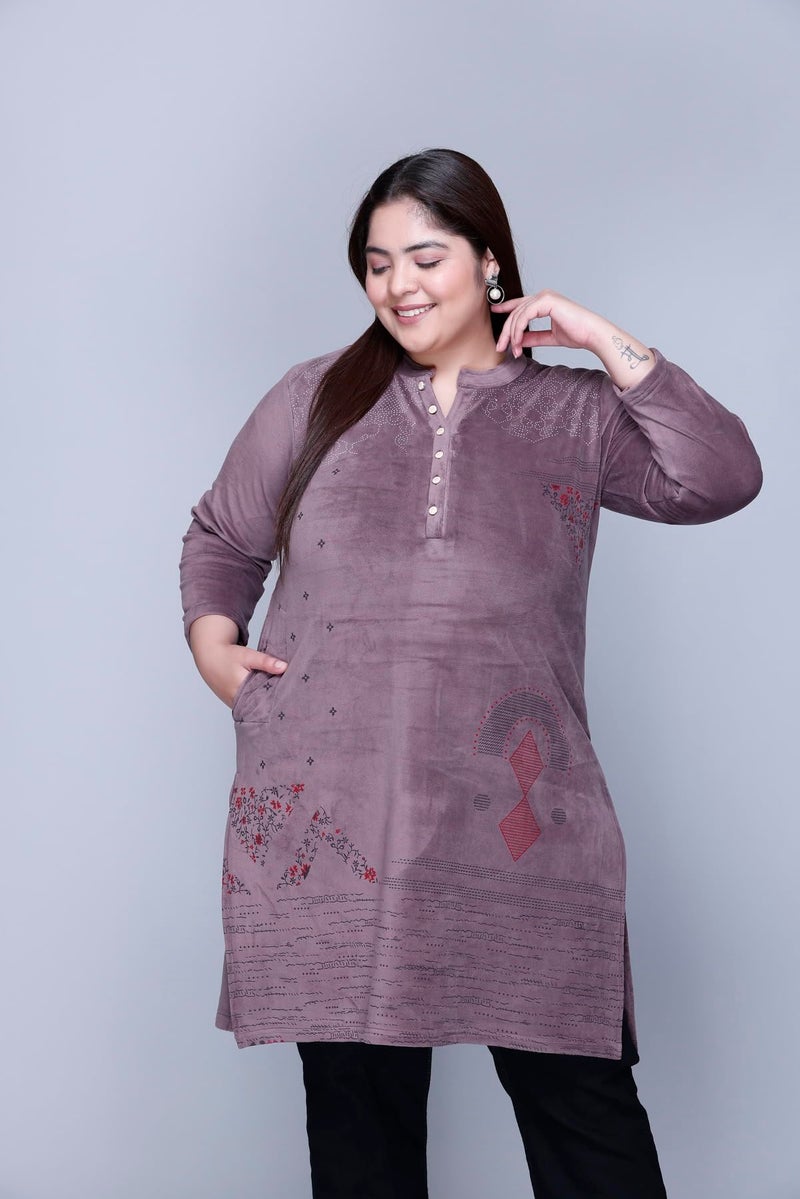 In Love Women's Winter Wear Warm Raising Velvet Full Sleeve Printed Regular Fit Kurti For Plus Size Fashion, SSKR2103_XXL, Purple - Image 2