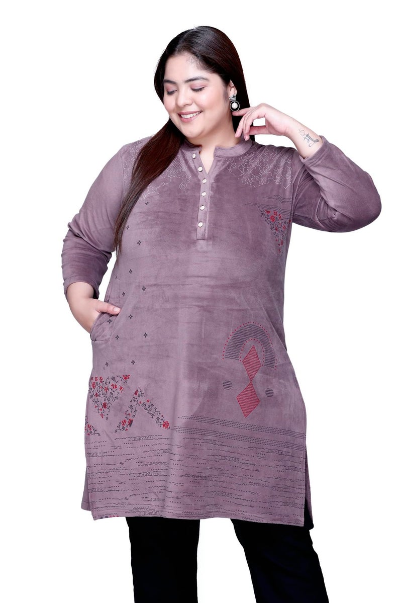 In Love Women's Winter Wear Warm Raising Velvet Full Sleeve Printed Regular Fit Kurti For Plus Size Fashion, SSKR2103_XXL, Purple - Image 1