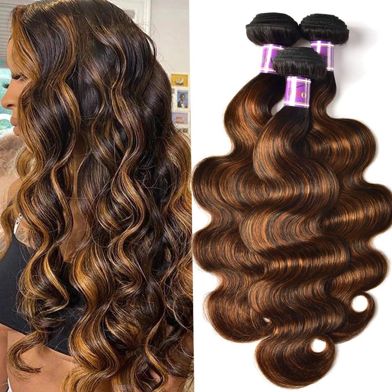 UNice Brown Highlight Body Wave Human Hair Weave 4 Bundles 18 20 22 24 inch Brazilian Remy Hair Ombre Blonde Human Hair Wavy Weaves Sew in Piano Color