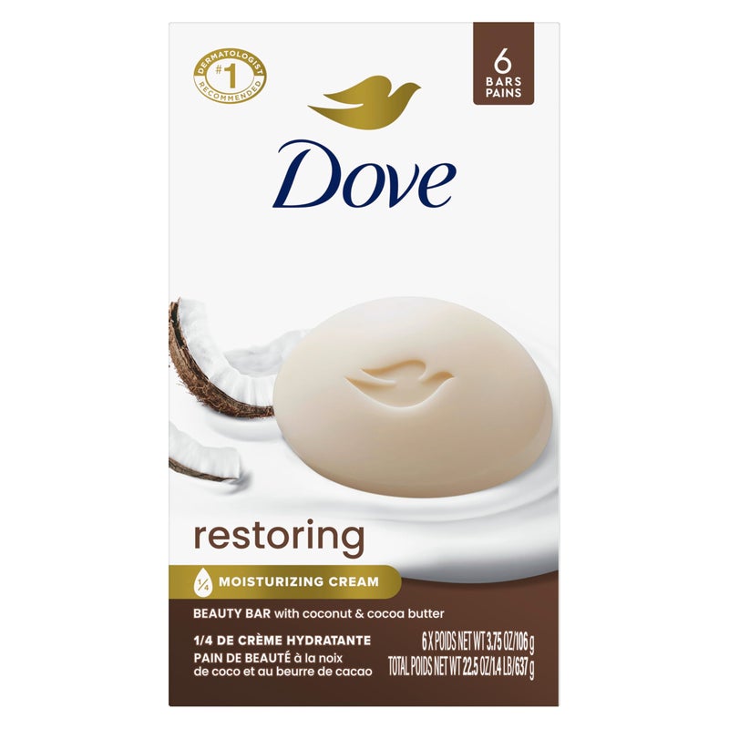 Dove Beauty Bar Soap Restoring Coconut & Cocoa Butter 6 Count for Restored Skin, Nourishes Skin 3.75 oz - Image 1