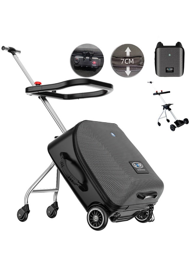 Rolling Luggage Case for Kids, Expandable Carry on Suitcase with Baby Stroller for 1-10 Years Toddler Infant, 20 Inch Children Ride On Trolley Case for Outdoor Travel (Black, With Guardrail) - Image 1