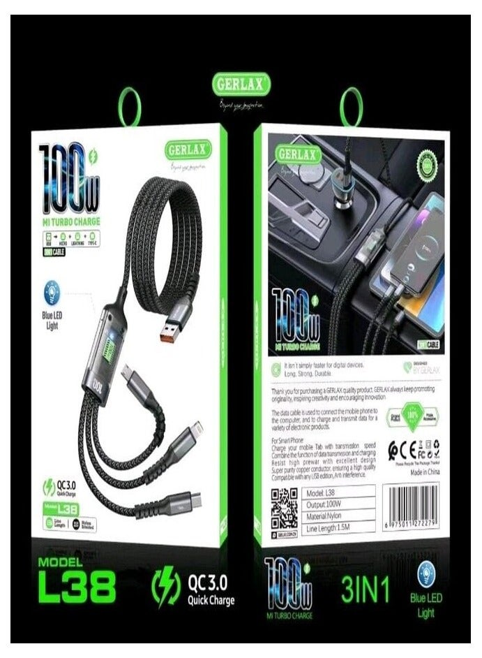 جيرلاكس كابل شحن سريع USB 3 في 1 يدعم أسلاك شحن فائقة السرعة بقدرة 100 وات، شاحن هاتف عالمي، سلك شاحن متعدد للهواتف المحمولة والأجهزة اللوحية والمزيد، كابل شاحن سريع مجدول من النايلون بطول 1.8 متر - Image 1