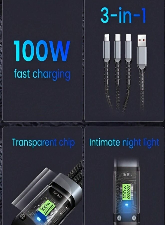 جيرلاكس كابل شحن سريع USB 3 في 1 يدعم أسلاك شحن فائقة السرعة بقدرة 100 وات، شاحن هاتف عالمي، سلك شاحن متعدد للهواتف المحمولة والأجهزة اللوحية والمزيد، كابل شاحن سريع مجدول من النايلون بطول 1.8 متر - Image 3