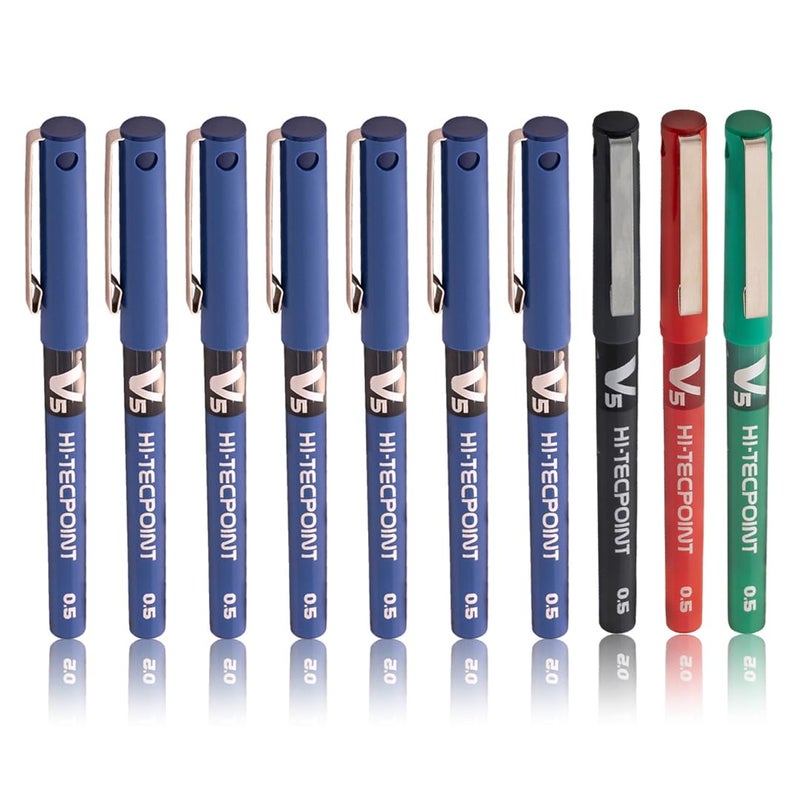 PILOT V5 Roller Fine Ball Pen Pack of 10 (7 Blue, 1 Black, 1 Red, 1 Green) - Image 1