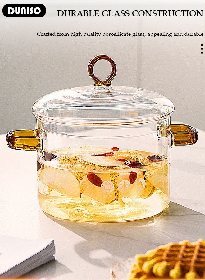 DUNISO وعاء طهي زجاجي، قدر زجاجي مع غطاء مقاوم للحروق، قدر زجاجي مقاوم للحرارة مع مقبض، أواني زجاجية من البورسليكات، مجموعة أواني للطهي على الموقد للمعكرونة، الحساء، الحليب - Image 2