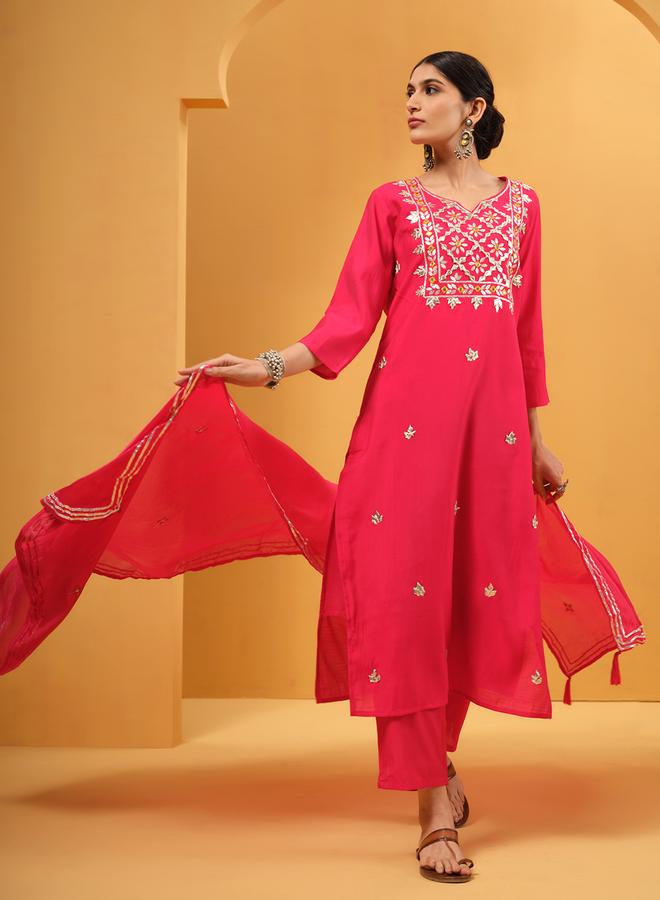 ISHIN Women's Red Viscose Silk Embellished A-Line Kaftan Upperwear Calf Length Palazzo Bottomwear Flowy 3 Peice Kurta Set - Image 1