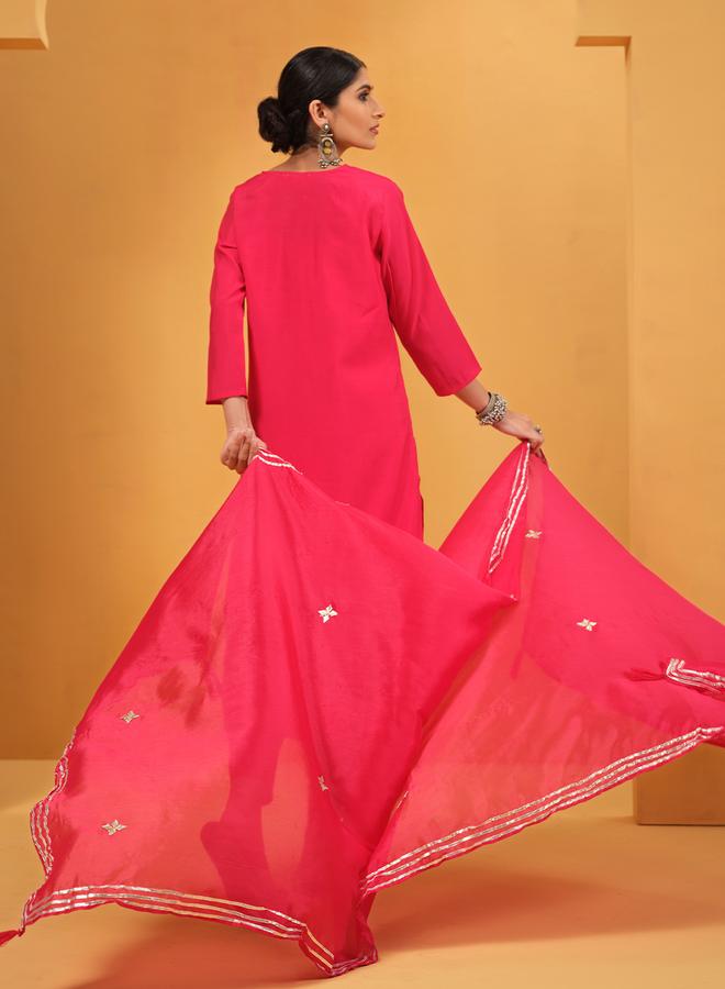 ISHIN Women's Red Viscose Silk Embellished A-Line Kaftan Upperwear Calf Length Palazzo Bottomwear Flowy 3 Peice Kurta Set - Image 2