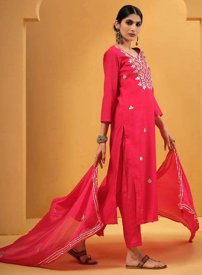 ISHIN Women's Red Viscose Silk Embellished A-Line Kaftan Upperwear Calf Length Palazzo Bottomwear Flowy 3 Peice Kurta Set - Image 3