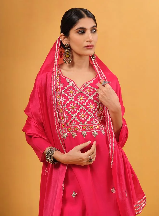ISHIN Women's Red Viscose Silk Embellished A-Line Kaftan Upperwear Calf Length Palazzo Bottomwear Flowy 3 Peice Kurta Set
