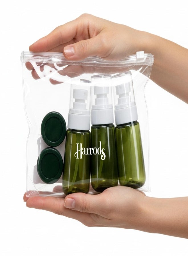هارودز مجموعة زجاجات مستلزمات السفر من هارودز مع حقيبة شفافة (أخضر) | مجموعة عبوات صغيرة قابلة لإعادة التعبئة | ملحقات سفر مانعة للتسرب للشامبو واللوشن ومستحضرات التجميل - Image 3