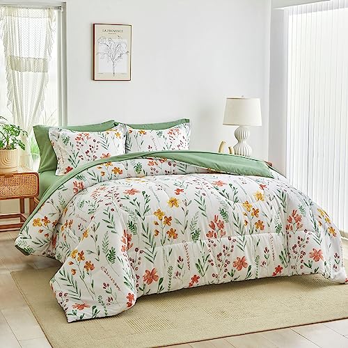 AIKASY Bed in a Bag 7 Pieces Queen Size - Floral Print - Soft Microfiber, Reversible Bed Comforter Set (1 Comforter, 2 Pillow Shams, 1 Flat Sheet, 1 Fitted Sheet, 2 Pillowcases)（White,Queen） - Image 1
