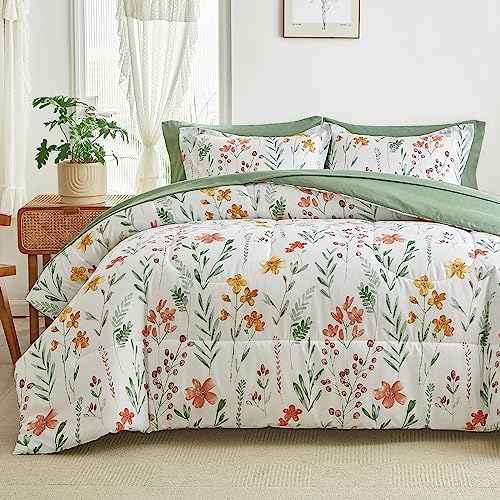 AIKASY Bed in a Bag 7 Pieces Queen Size - Floral Print - Soft Microfiber, Reversible Bed Comforter Set (1 Comforter, 2 Pillow Shams, 1 Flat Sheet, 1 Fitted Sheet, 2 Pillowcases)（White,Queen） - Image 3