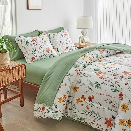 AIKASY Bed in a Bag 7 Pieces Queen Size - Floral Print - Soft Microfiber, Reversible Bed Comforter Set (1 Comforter, 2 Pillow Shams, 1 Flat Sheet, 1 Fitted Sheet, 2 Pillowcases)（White,Queen） - Image 2