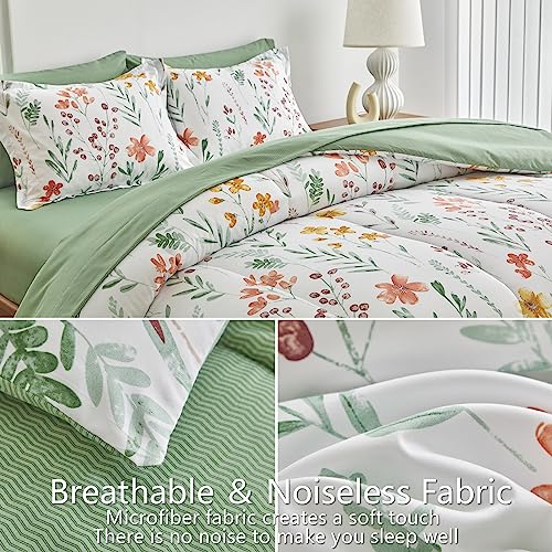 AIKASY Bed in a Bag 7 Pieces Queen Size - Floral Print - Soft Microfiber, Reversible Bed Comforter Set (1 Comforter, 2 Pillow Shams, 1 Flat Sheet, 1 Fitted Sheet, 2 Pillowcases)（White,Queen） - Image 5