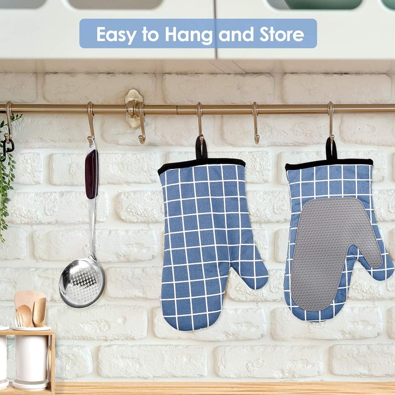Oven Gloves Heat Resistant,Silicone with Cotton Double Oven Mitts with Cotton Lining and Non-Slip Surface for Cooking Baking Grilling Barbecue Microwave Gauntlet (Blue) - Image 4