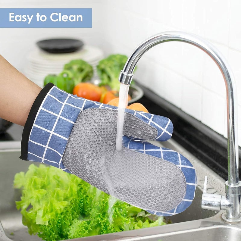 Oven Gloves Heat Resistant,Silicone with Cotton Double Oven Mitts with Cotton Lining and Non-Slip Surface for Cooking Baking Grilling Barbecue Microwave Gauntlet (Blue) - Image 3