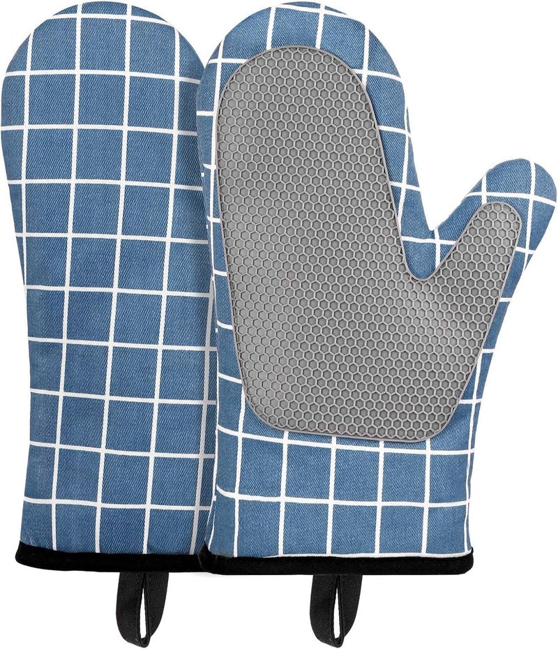 Oven Gloves Heat Resistant,Silicone with Cotton Double Oven Mitts with Cotton Lining and Non-Slip Surface for Cooking Baking Grilling Barbecue Microwave Gauntlet (Blue) - Image 1