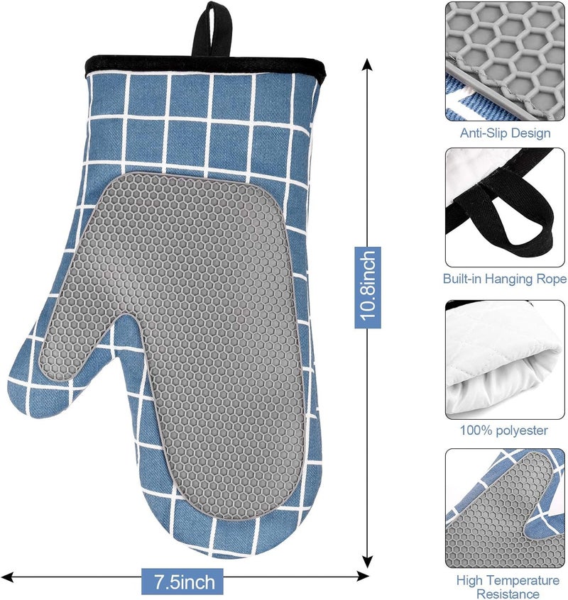 Oven Gloves Heat Resistant,Silicone with Cotton Double Oven Mitts with Cotton Lining and Non-Slip Surface for Cooking Baking Grilling Barbecue Microwave Gauntlet (Blue) - Image 2