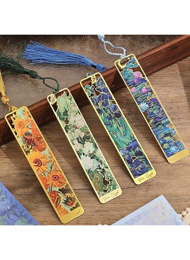 4 Pieces Metal Bookmarks with Tassel, Golden Hollow Bookmark Van Gogh Oil Painting Theme Book Mark Bookmarks for Book Lovers Writers Readers Children Teens Men Women Adults - Image 1