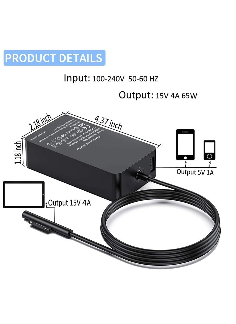 SYOSI - For Surface Pro Charger, Surface Laptop Adapter 65W 15V 4A Power Supply Compatible with Microsoft Surface Pro 7 6 5 4 3 Surface Go1 2 Surface Book1 2, Surface Laptop 1 2 3 with 5V USB Charging Port - Image 1