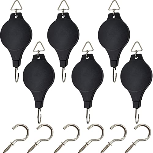 TIHOOD 6PCS Plant Pulley Hanger with 6 PCS Metal Ceiling Plant Hooks, Retractable Plant Hook Pulley, Adjustable Heavy Duty Plant Hanging Pulleys for Garden Baskets & Bird Feeder - Image 1