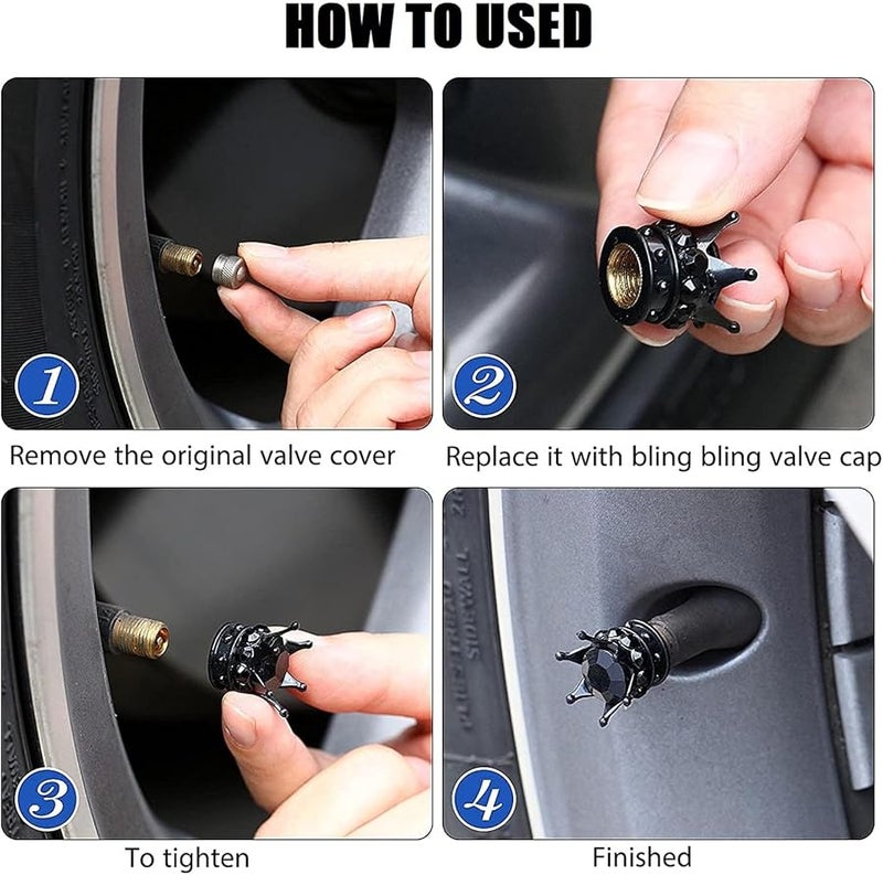 غطاسات ساق صمام إطار كريستال أسود حجر الراين إكسسوارات سيارة عالمية 4 قطع - Image 4