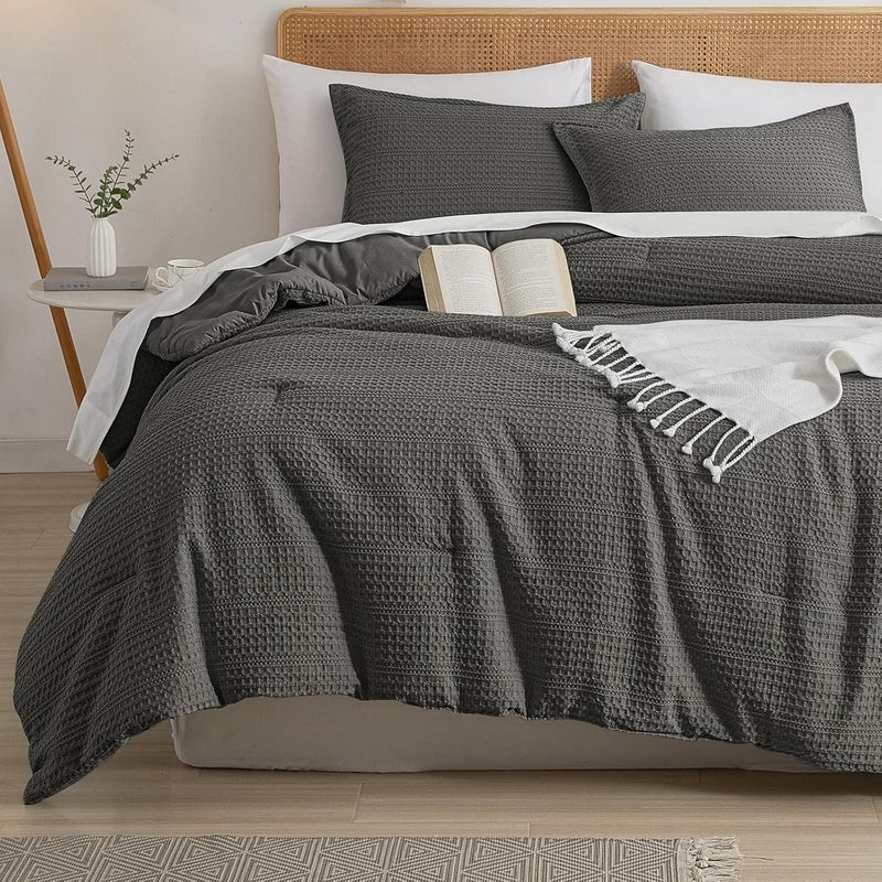 PHF 2 Piece Twin Waffle Weave Comforter Set, Soft Breathable Lightweight Textured Bedding, Set includes 1x Comforter (173 cm x 229 cm) + 1x Pillow Sham (51 cm x 66 cm), Grey - Image 1