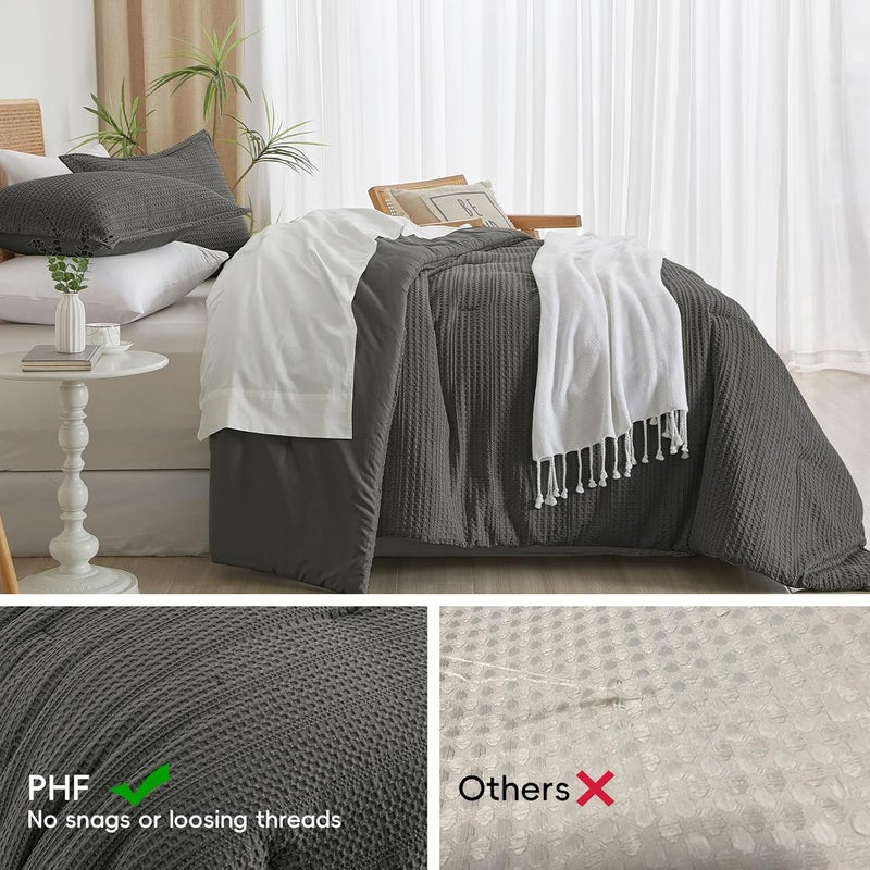 PHF 2 Piece Twin Waffle Weave Comforter Set, Soft Breathable Lightweight Textured Bedding, Set includes 1x Comforter (173 cm x 229 cm) + 1x Pillow Sham (51 cm x 66 cm), Grey - Image 3