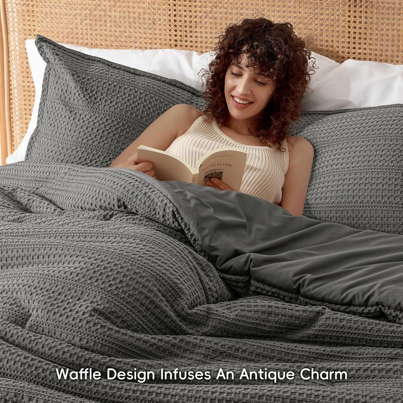 PHF 2 Piece Twin Waffle Weave Comforter Set, Soft Breathable Lightweight Textured Bedding, Set includes 1x Comforter (173 cm x 229 cm) + 1x Pillow Sham (51 cm x 66 cm), Grey - Image 2