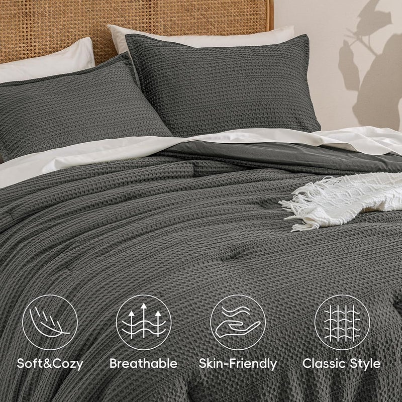 PHF 2 Piece Twin Waffle Weave Comforter Set, Soft Breathable Lightweight Textured Bedding, Set includes 1x Comforter (173 cm x 229 cm) + 1x Pillow Sham (51 cm x 66 cm), Grey - Image 4