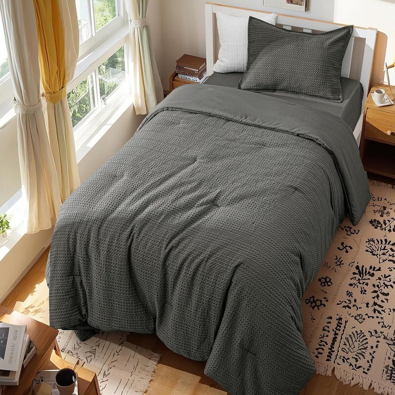 PHF 2 Piece Twin Waffle Weave Comforter Set, Soft Breathable Lightweight Textured Bedding, Set includes 1x Comforter (173 cm x 229 cm) + 1x Pillow Sham (51 cm x 66 cm), Grey - Image 5