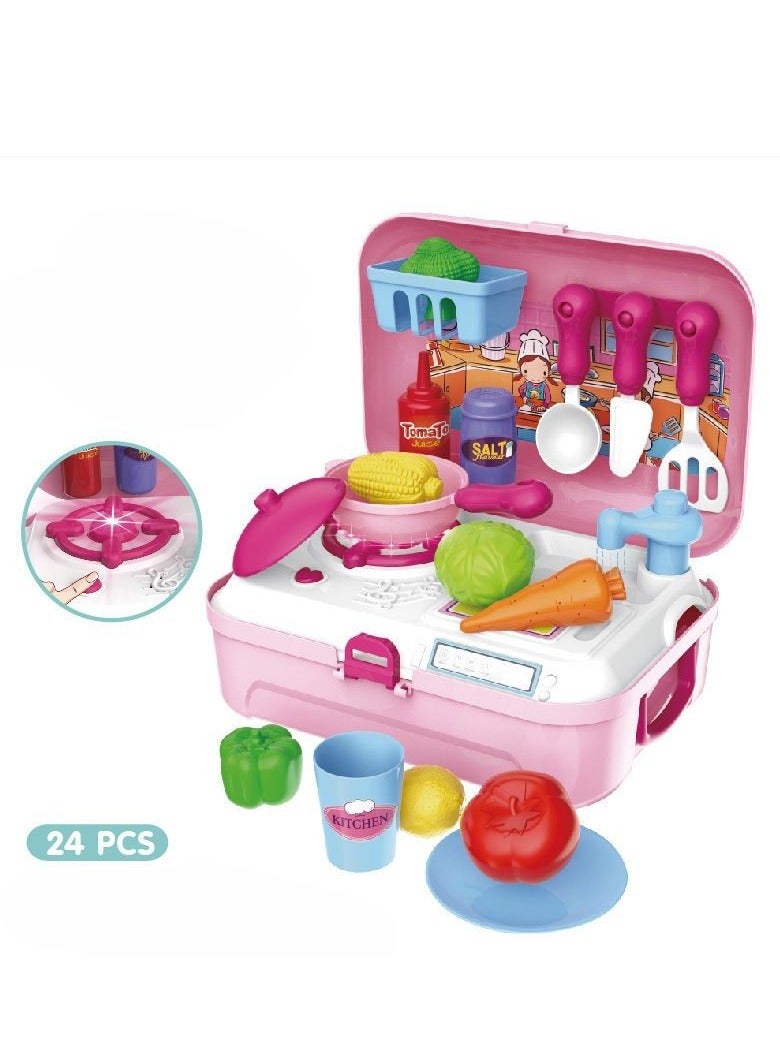 Children's simulated kitchen, cooking utensils, cosmetics, doctor's tool set, family backpack box, toys - Image 1