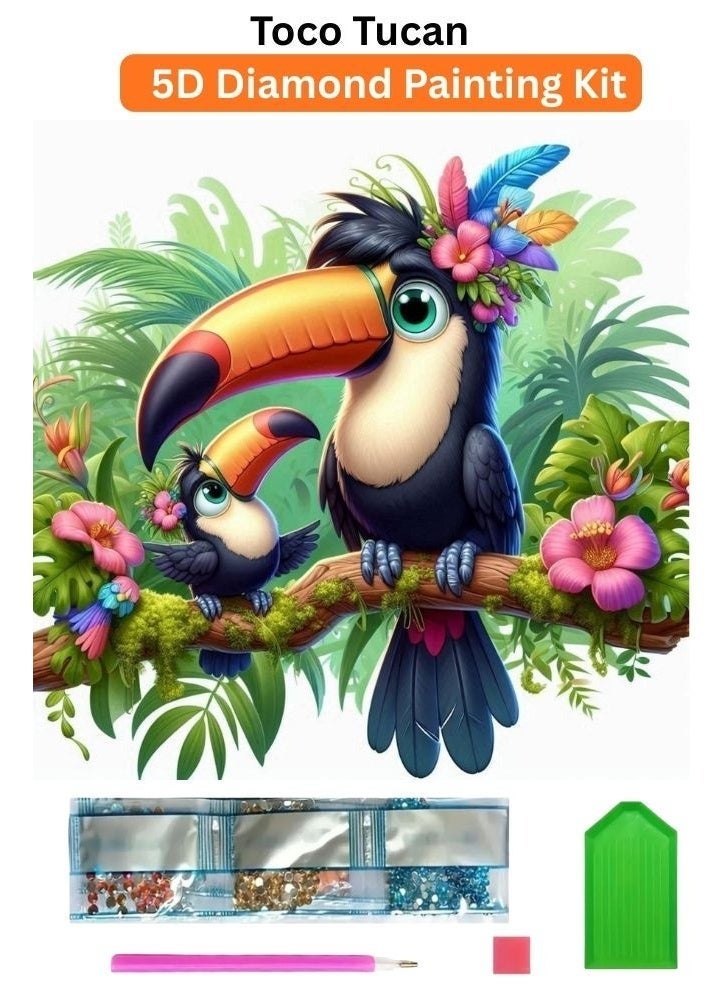 Diamond Painting Kit 5D Diamond Art Set for Kids & Adults DIY Wall Decor Craft,  Toco Tucan Design, Acrylic Diamonds, Adhesive Canvas with Wooden Frame, Relaxing Hobby Art Kit, 20x20 cm - Image 1